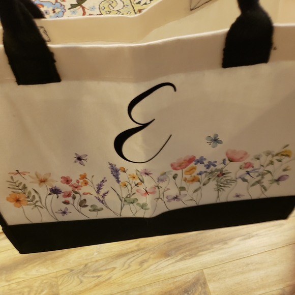Monagrammed "E" White Canvas Tote with Black Trim & Multicolor Floral Print - Picture 3 of 5